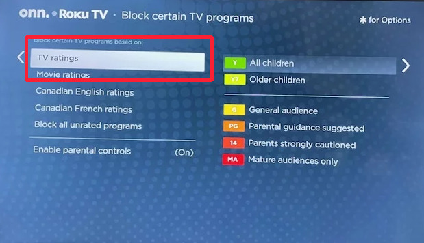 Roku Parental Controls TV rating Screen