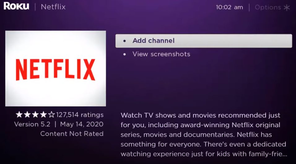 Roku Netflix add channel screen