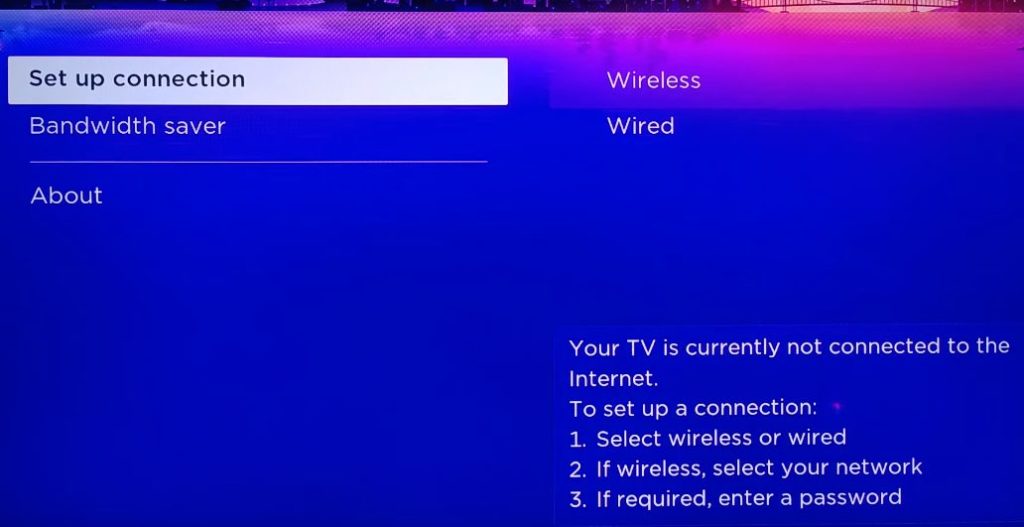 Connect Roku device to Wi-Fi setup connection screen 
