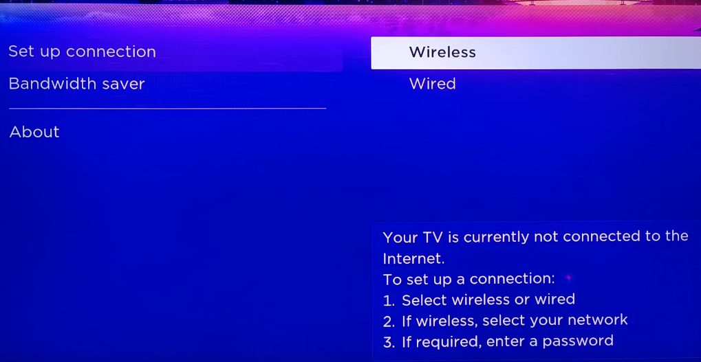 Connect Roku device to Wi-Fi setting for choosing wireless screen 