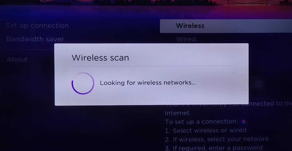 Connect Roku device to Wi-Fi selection scan screen