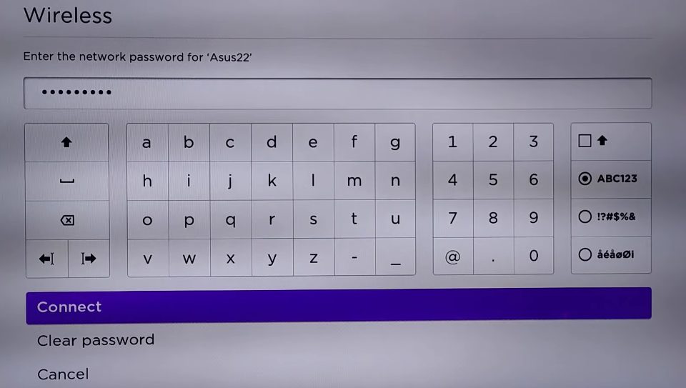 Connect Roku device to Wi-Fi setting password screen 