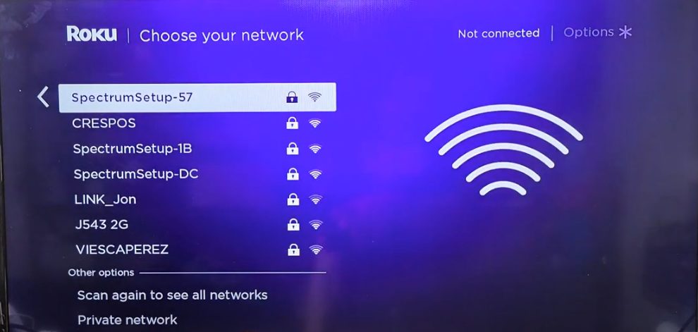 Connect Roku device to Wi-Fi setting for wifi router selection screen